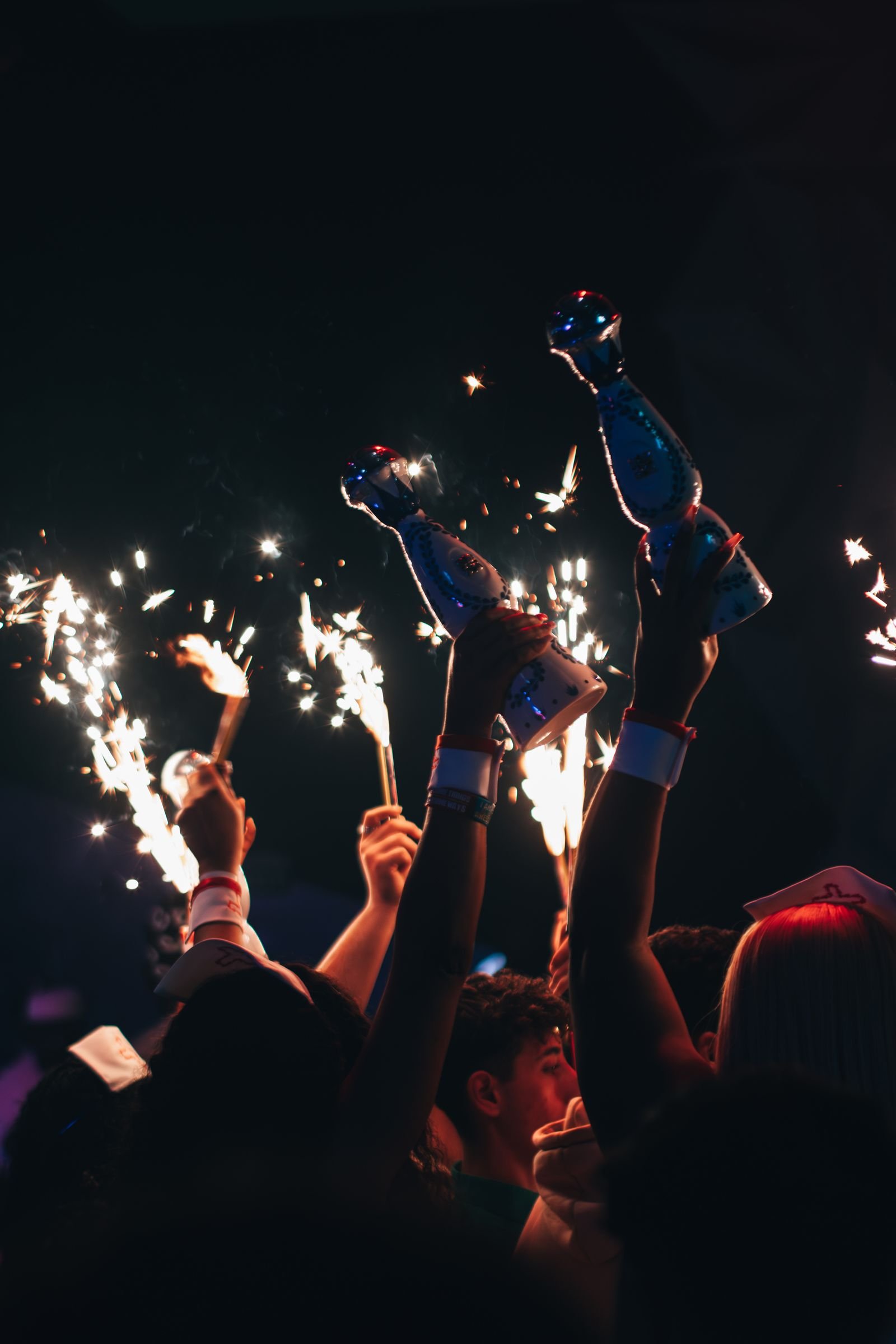 Bottle service con sparklers alzato dalla folla a una festa privata